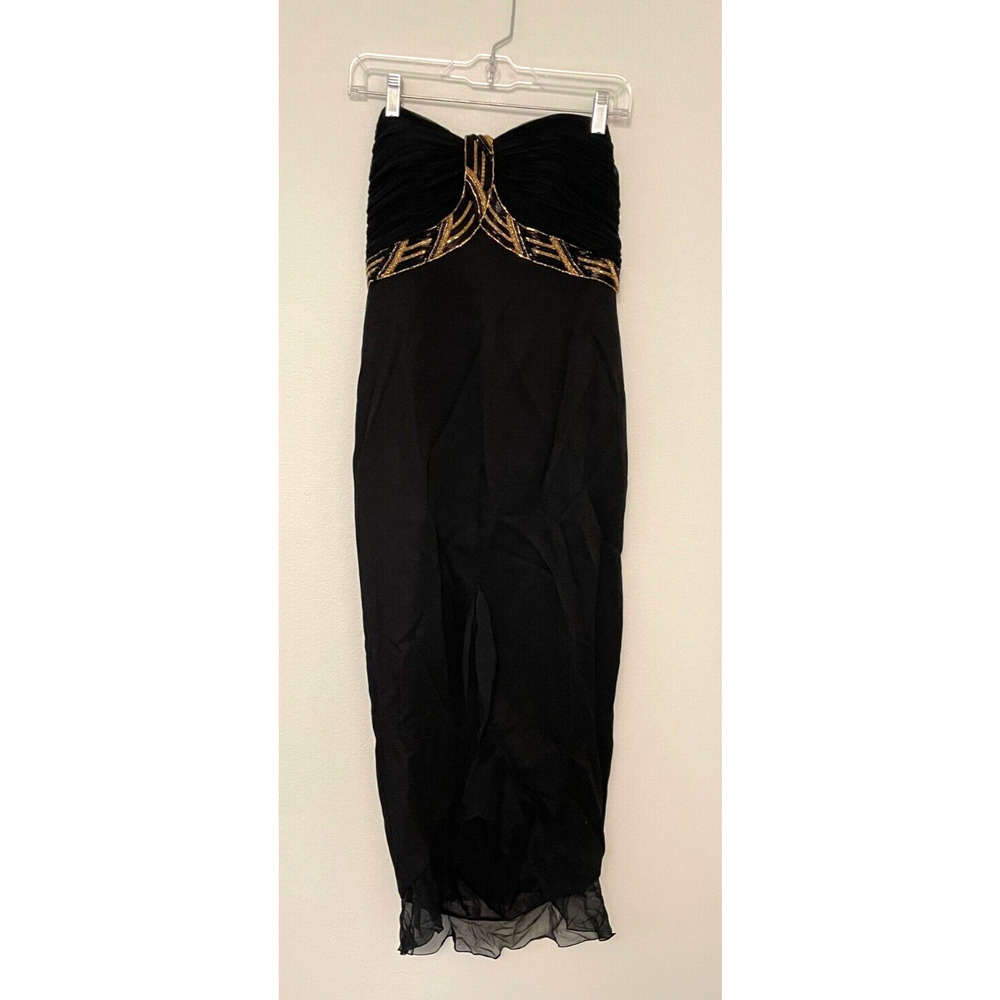Vintage LKL Womens Gown Size 10 Black Chiffon Beaded Sweetheart Ruched Formal